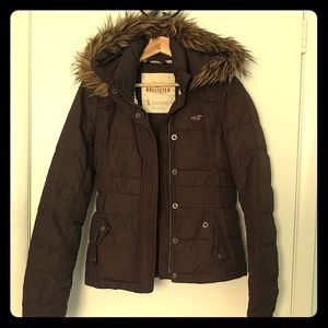 Hollister 100% down hooded brown puffer jacket